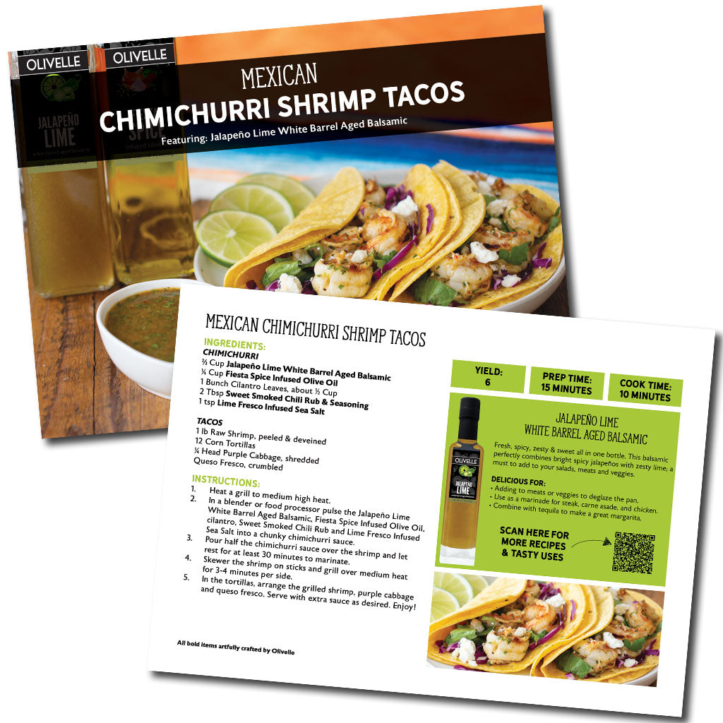 Olivelle Mexican Chimichurri Shrimp Tacos recipe card with ingredients and instructions.