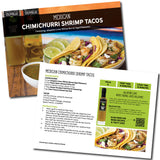 Olivelle Mexican Chimichurri Shrimp Tacos recipe card with ingredients and instructions.