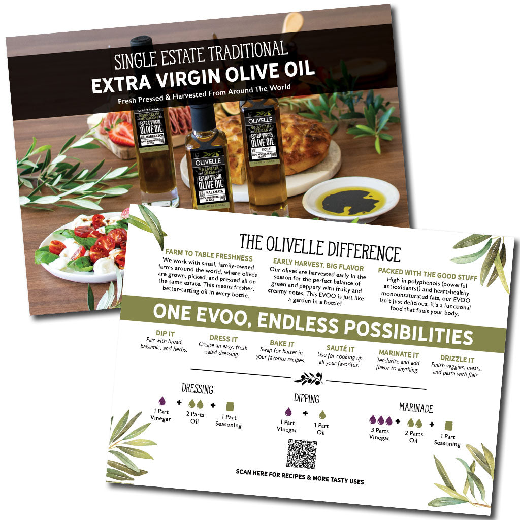 Olive oil product packaging with branding and usage instructions on a white background
