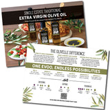 Olive oil product packaging with branding and usage instructions on a white background