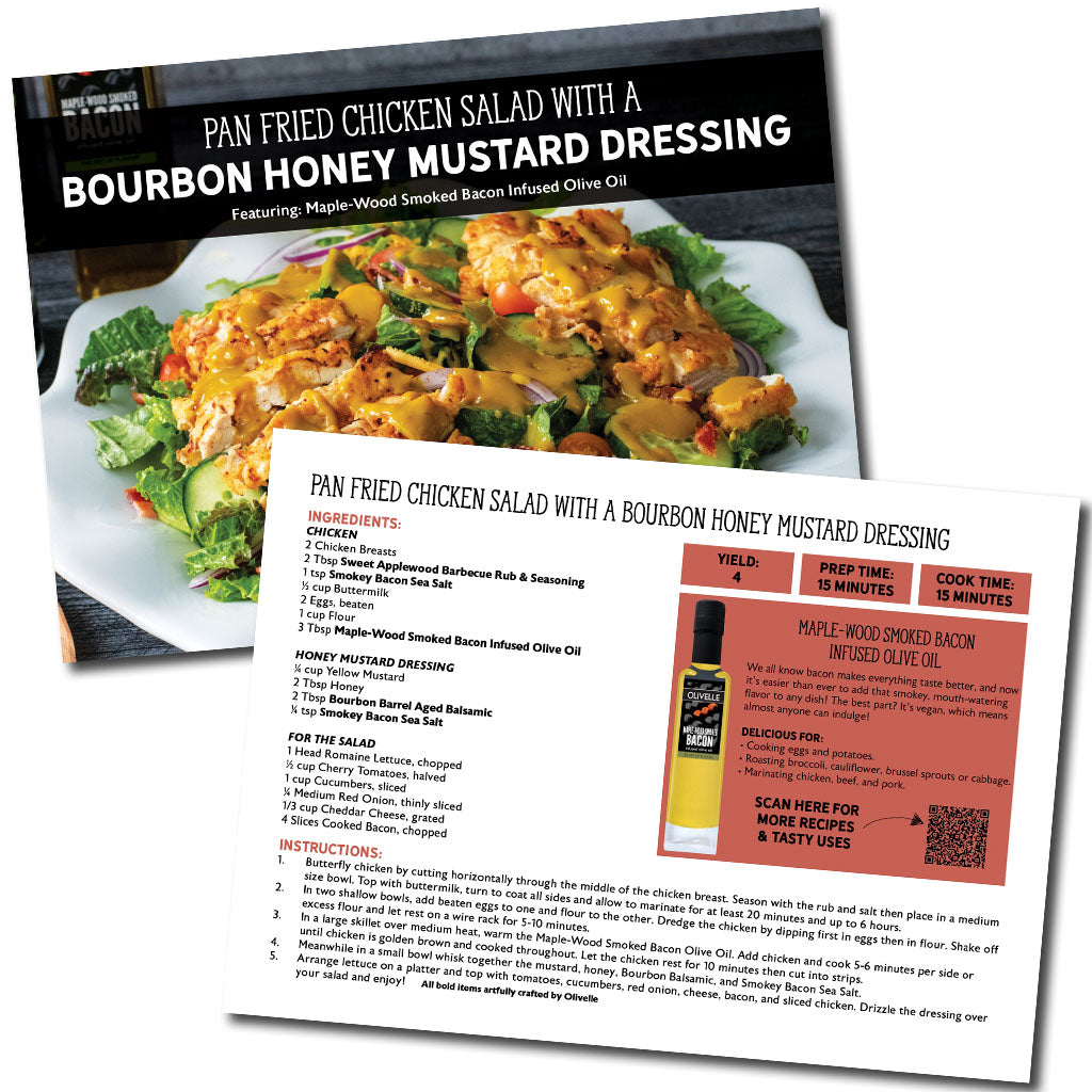 Recipe card for pan-fried chicken salad with bourbon honey mustard dressing on a white background