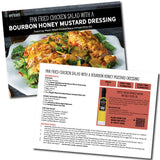 Recipe card for pan-fried chicken salad with bourbon honey mustard dressing on a white background