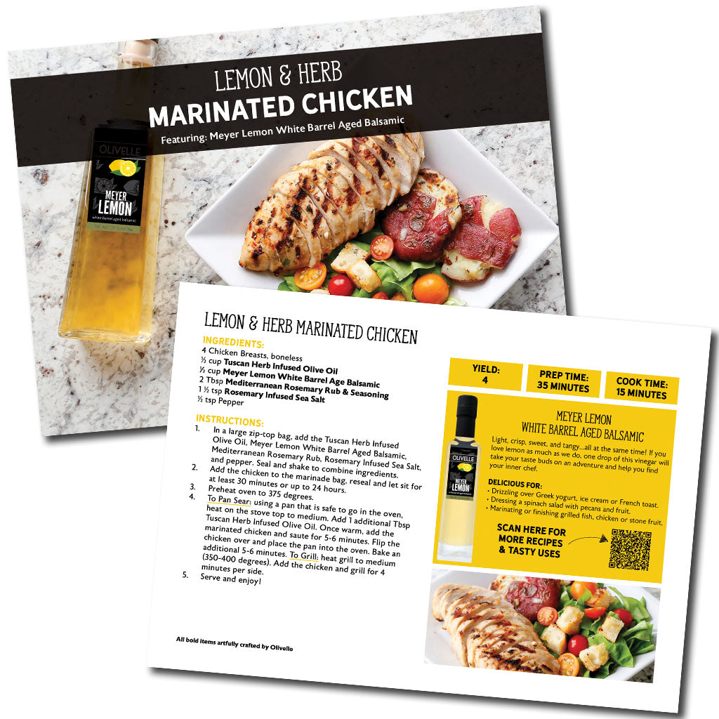 Lemon & Herb Marinated Chicken recipe card with ingredients and preparation details.