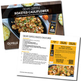 Olivelle recipe card for creamy chipotle roasted cauliflower with ingredients and instructions.