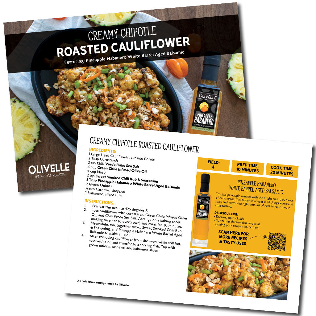 Olivelle recipe card for creamy chipotle roasted cauliflower with ingredients and instructions.
