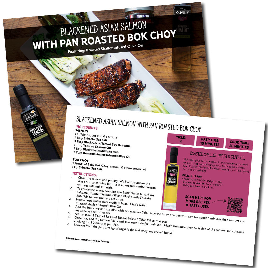 Recipe card for Blackened Asian Salmon with Pan Roasted Bok Choy featuring Olives Yaam product.