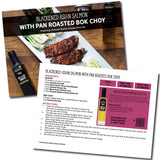 Recipe card for Blackened Asian Salmon with Pan Roasted Bok Choy featuring Olives Yaam product.
