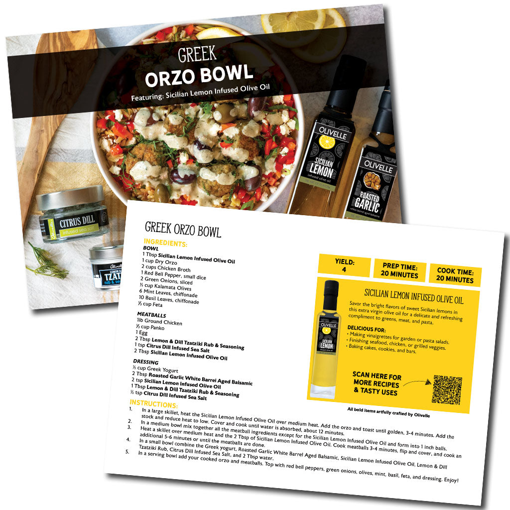 Greek Orzo Bowl recipe card with olive oil bottle and ingredients on a white background