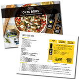 Greek Orzo Bowl recipe card with olive oil bottle and ingredients on a white background
