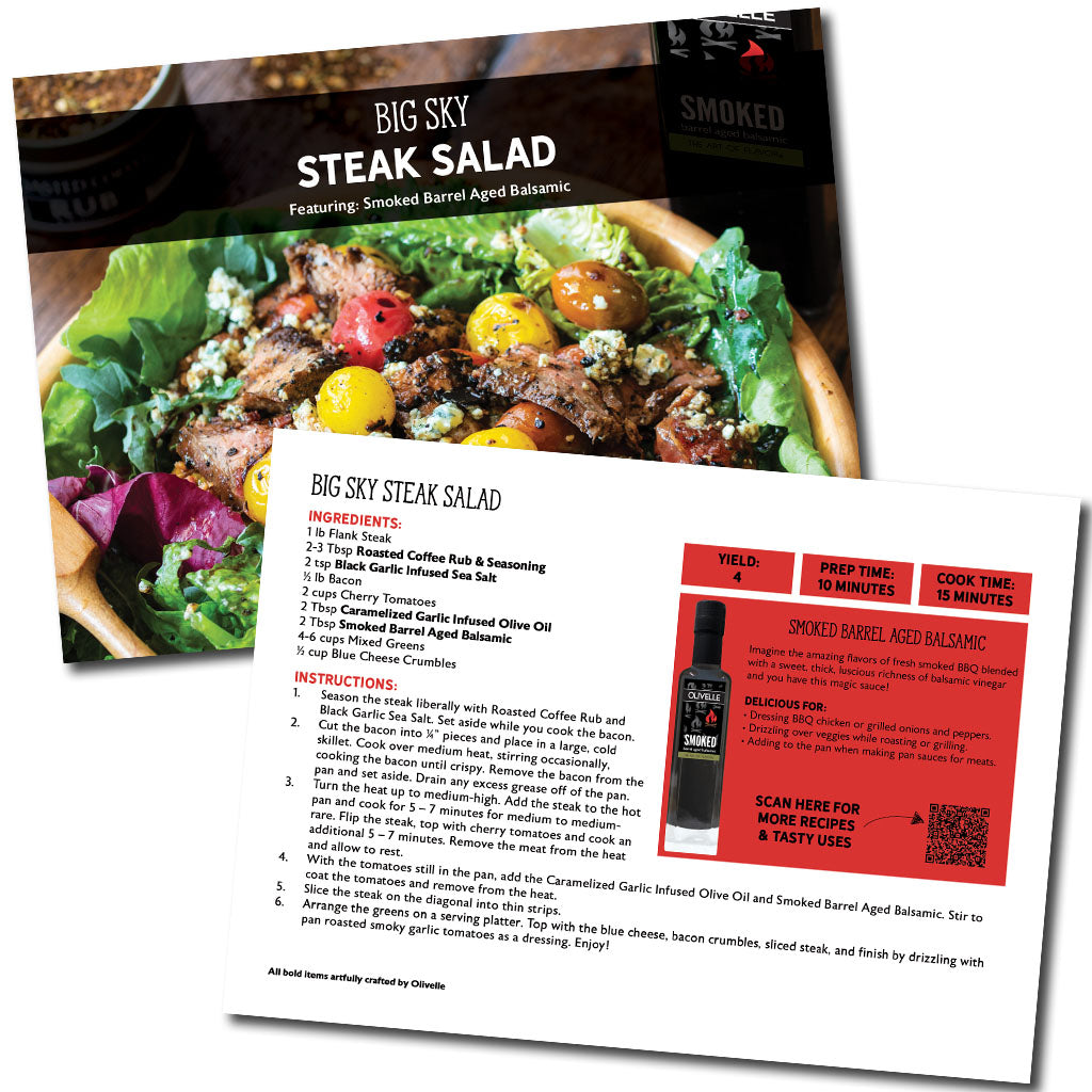Big Sky Steak Salad recipe card with ingredients, preparation steps, and a bottle of balsamic on a white background.