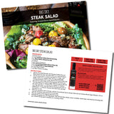 Big Sky Steak Salad recipe card with ingredients, preparation steps, and a bottle of balsamic on a white background.
