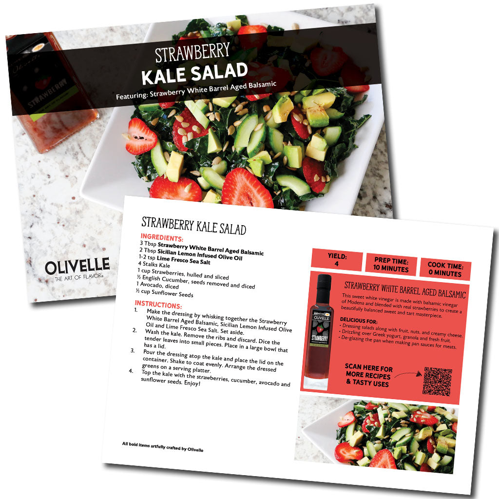 Olivelle Strawberry Kale Salad recipe card with ingredients and preparation instructions.