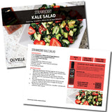 Olivelle Strawberry Kale Salad recipe card with ingredients and preparation instructions.