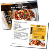 Recipe card for Grilled Brie with Peach Salsa featuring Olivelle Summer Peach White Barrel Aged Balsamic.