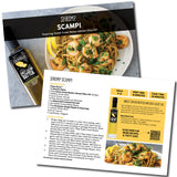 Shrimp Scampi recipe card with Olivelle sweet cream butter infused olive oil bottle and dish.