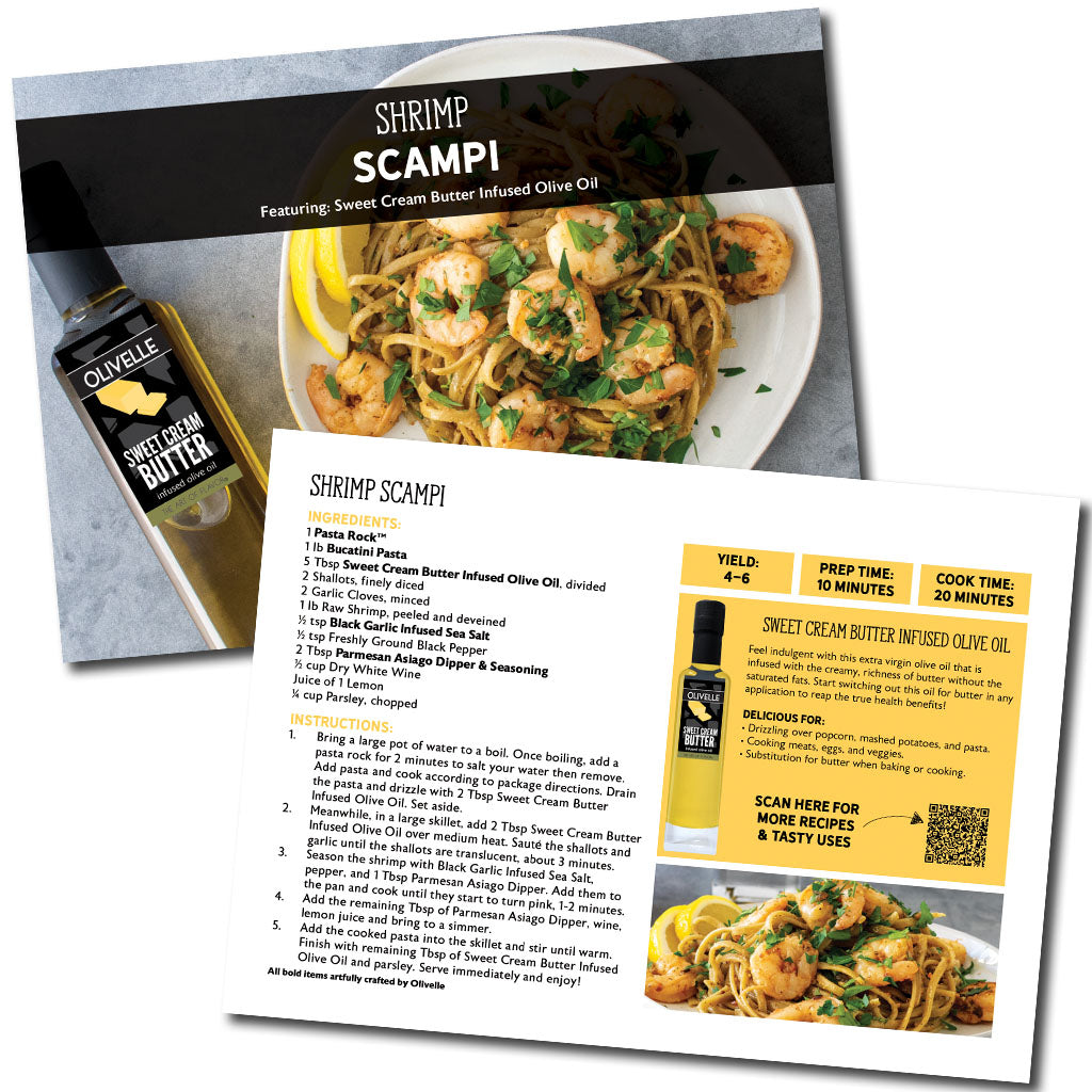 Shrimp Scampi recipe card with Olivelle sweet cream butter infused olive oil bottle and dish.