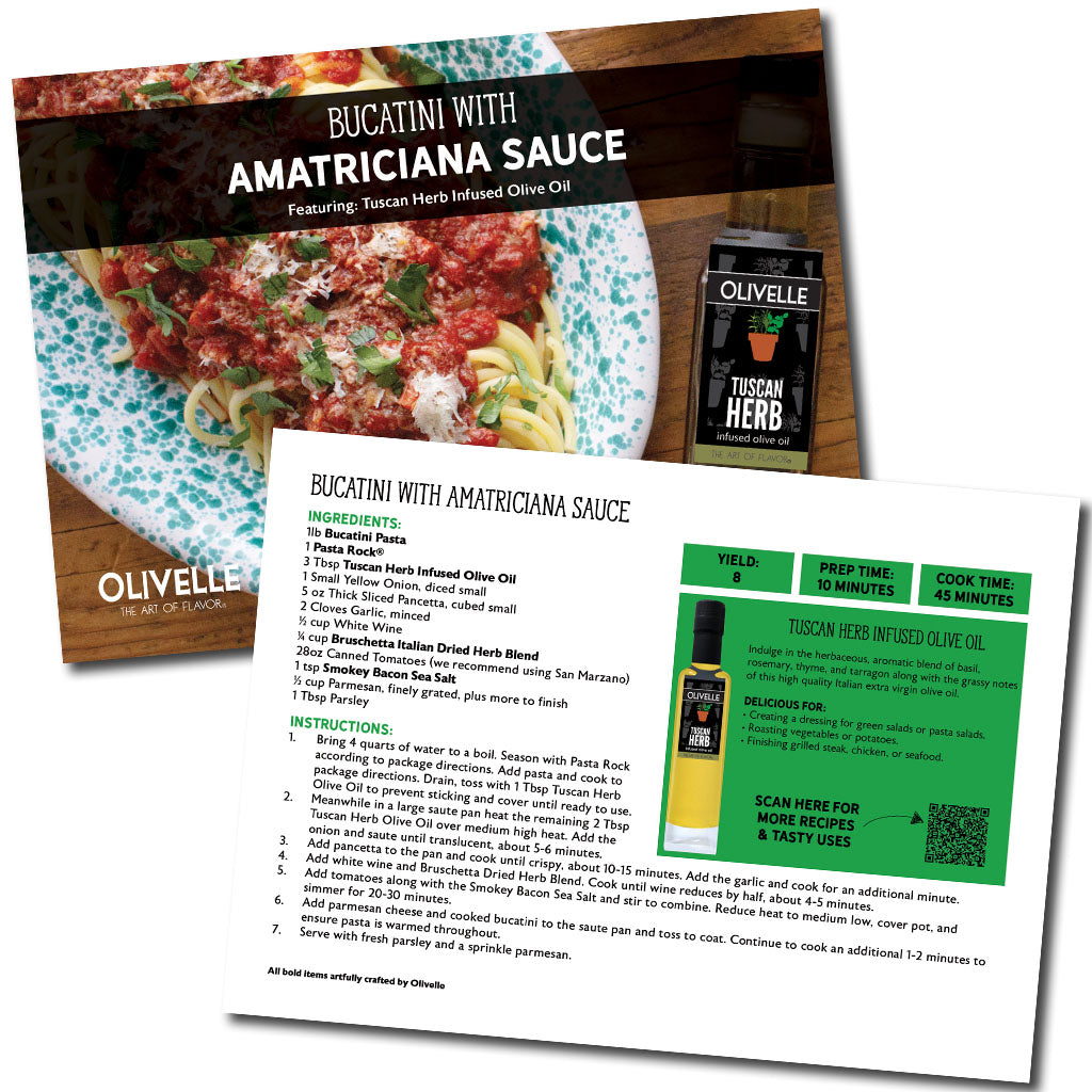 Olivelle pasta kit packaging with recipe card and olive oil container.