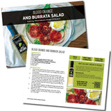 Recipe card for Blood Orange and Burrata Salad with olive oil bottle and ingredients list.