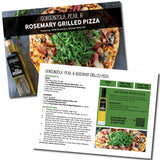 Gorgonzola, Pear & Rosemary Grilled Pizza packaging with pizza image and olive oil bottle.