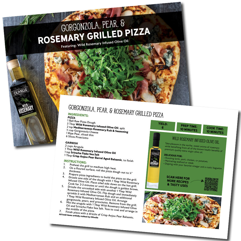 Gorgonzola, Pear & Rosemary Grilled Pizza packaging with pizza image and olive oil bottle.