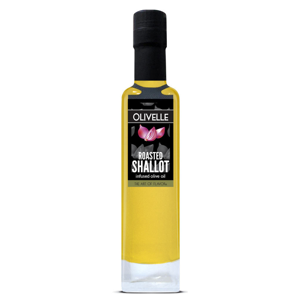 Bottle of Olivelle roasted shallot infused olive oil on a white background