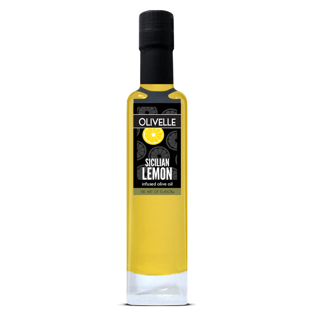 Bottle of Olivelle Sicilian Lemon infused olive oil on a white background