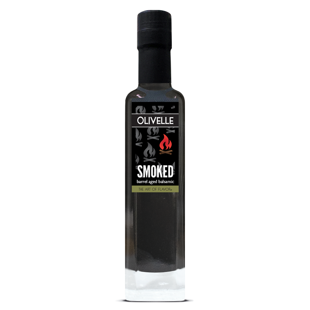 Bottle of Olivelle Smoked balsamic vinegar on a white background