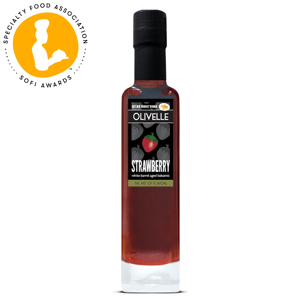Bottle of Olivelle strawberry balsamic vinegar with a Specialty Food Association award logo.