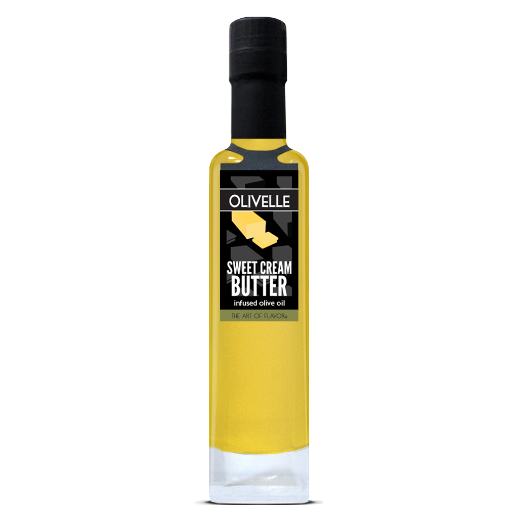 Bottle of Olivelle Sweet Cream Butter infused olive oil on a white background
