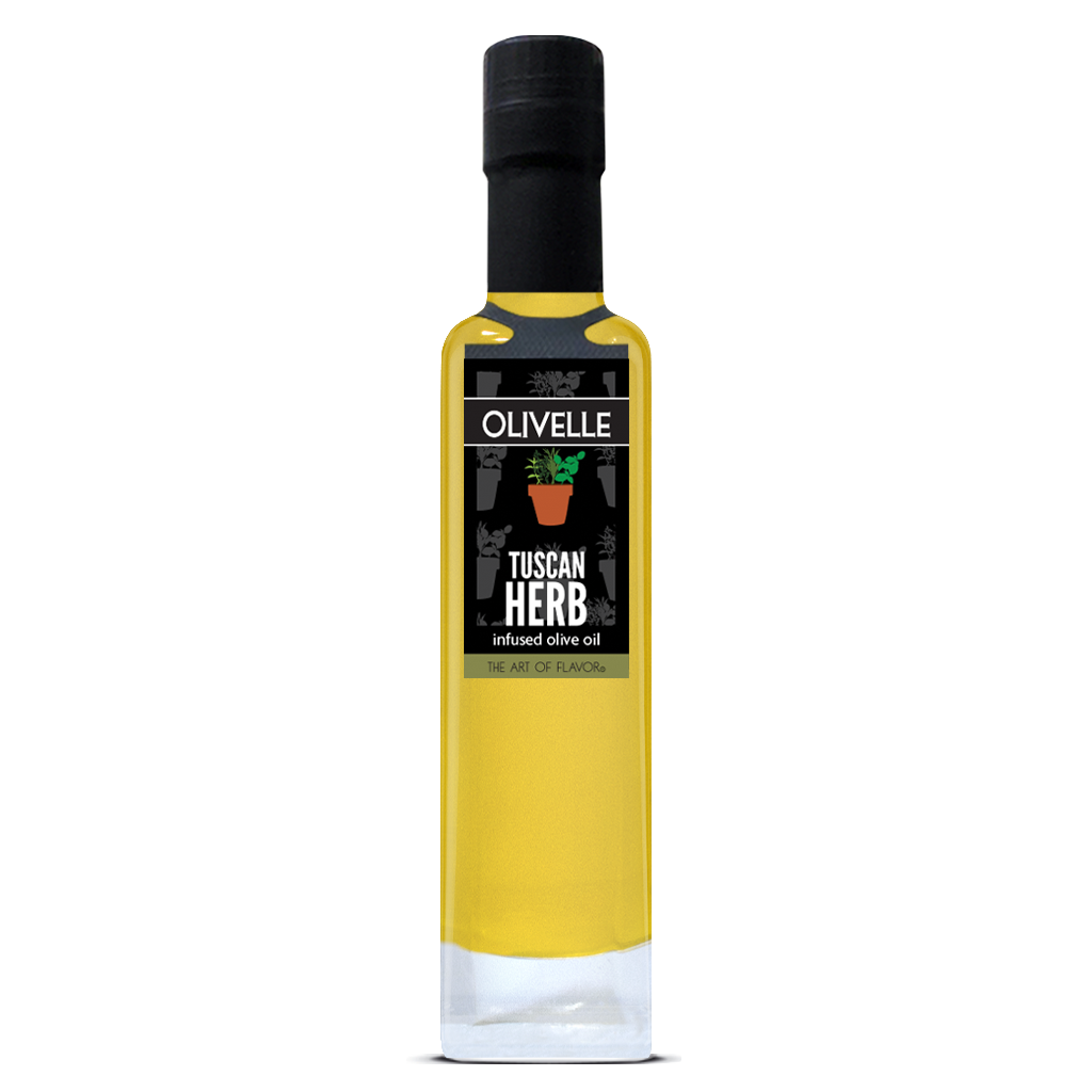 Bottle of Olivelle Tuscan Herb infused olive oil on a white background