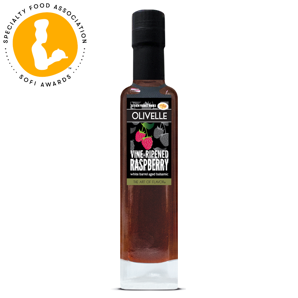 Bottle of Olivelle vine-ripened raspberry vinegar with a Specialty Food Association award logo.