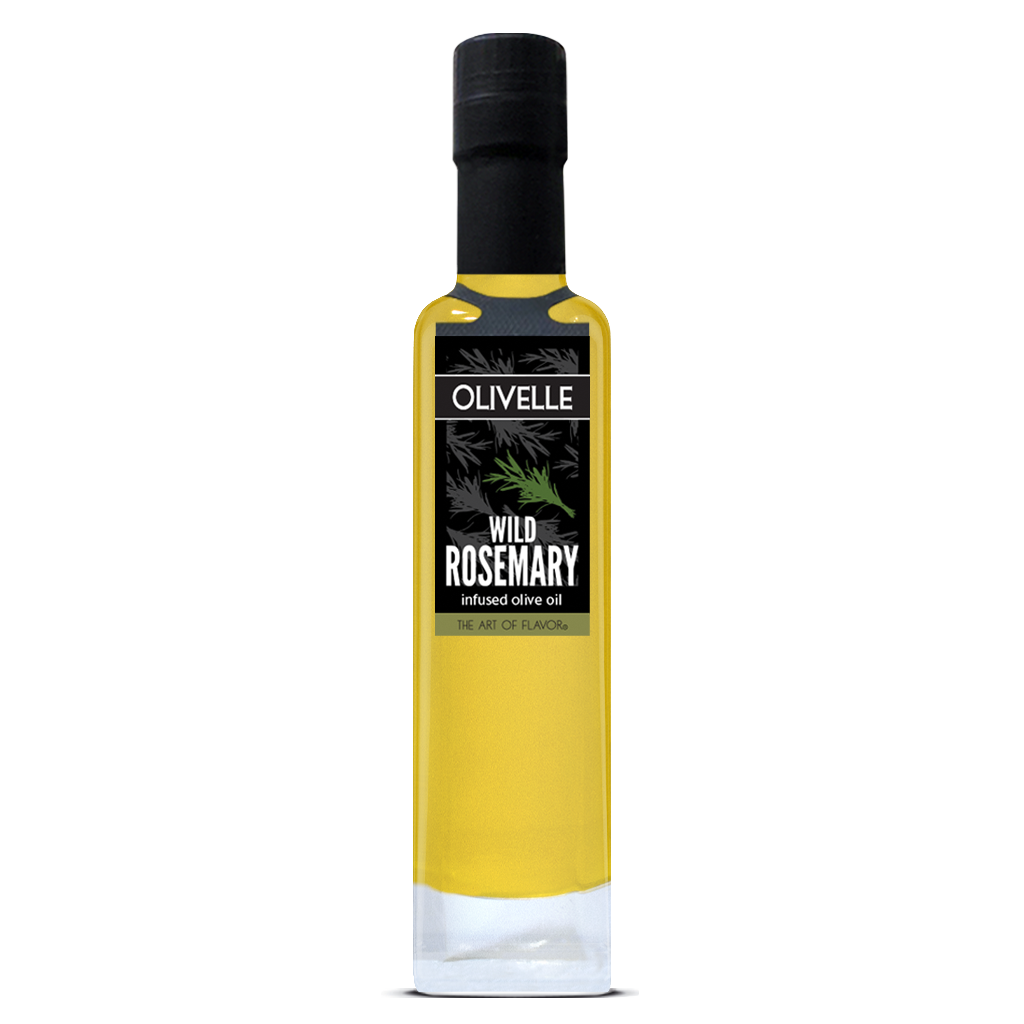 Bottle of Olivelle Wild Rosemary infused olive oil on a white background
