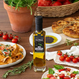 Olive oil bottle with food items on a wooden table
