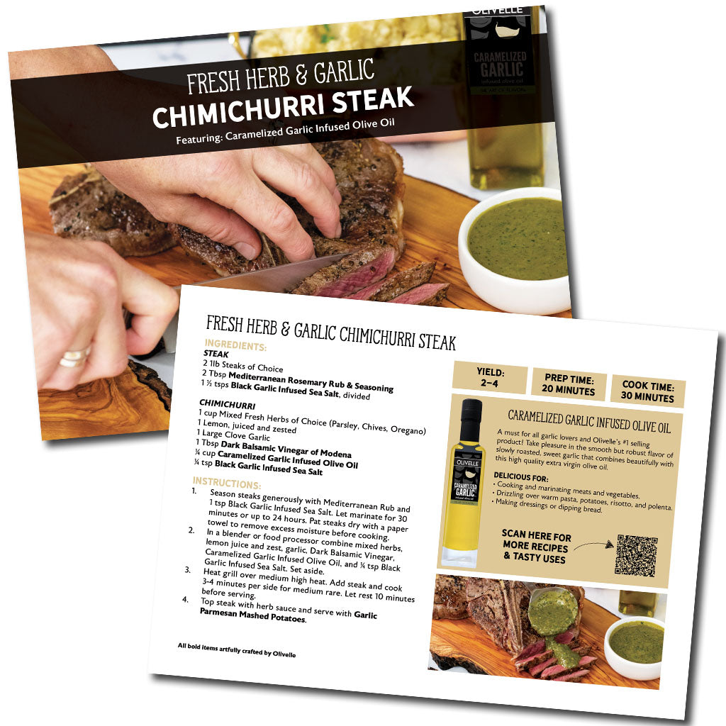 Recipe card for Fresh Herb & Garlic Chimichurri Steak with cooking instructions and images of the dish.