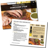 Recipe card for Fresh Herb & Garlic Chimichurri Steak with cooking instructions and images of the dish.