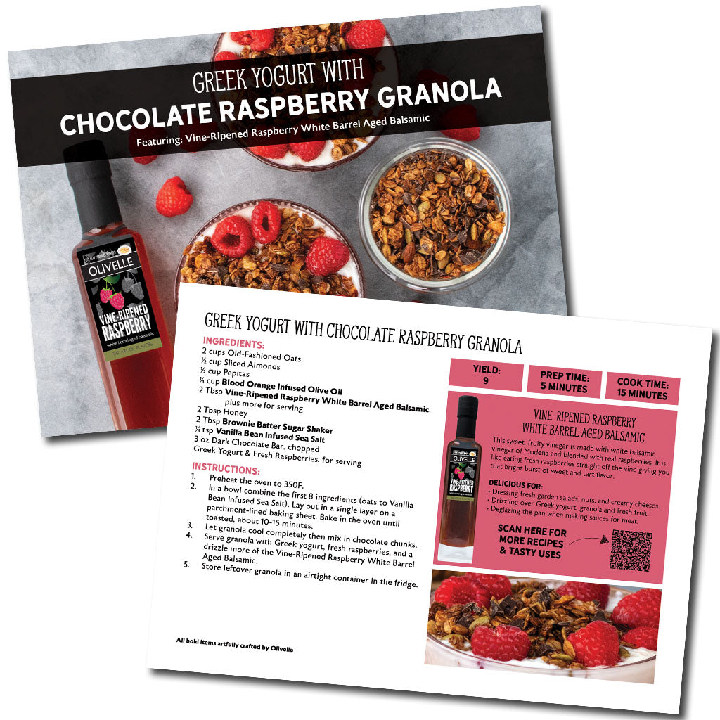 Product packaging with Greek yogurt, chocolate raspberry granola, and Olvelle raspberry sauce on a white background.
