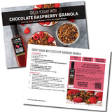 Product packaging with Greek yogurt, chocolate raspberry granola, and Olvelle raspberry sauce on a white background.