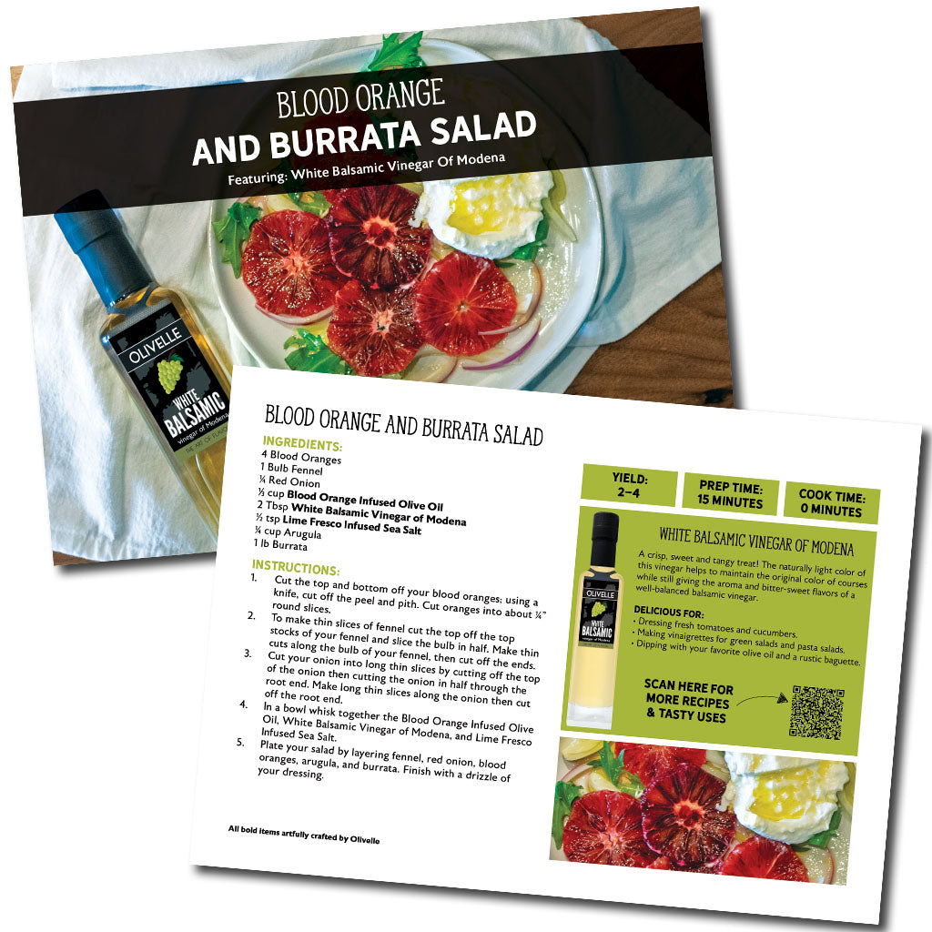 Recipe card for Blood Orange and Burrata Salad with olive oil bottle and ingredients list.