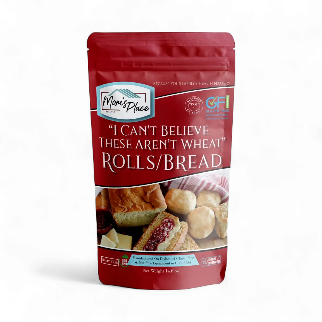 Package of 'I Can't Believe These Aren't Wheat' rolls/bread with a red label on a white background