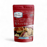 Package of 'I Can't Believe These Aren't Wheat' rolls/bread with a red label on a white background