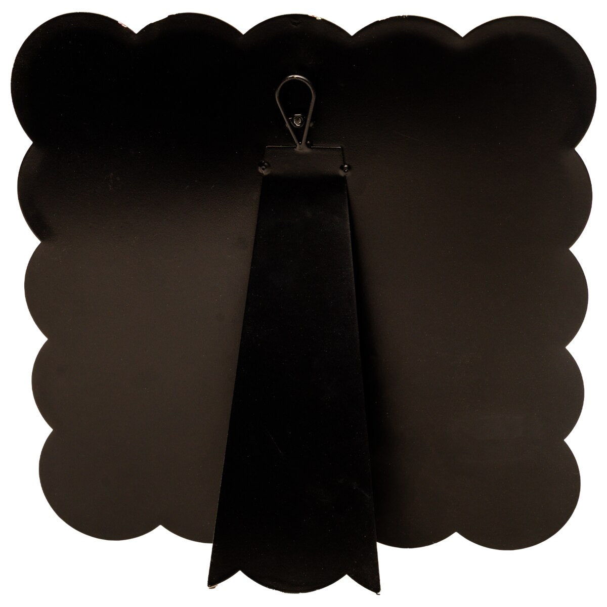 Black scalloped edge board with a clip on a white background