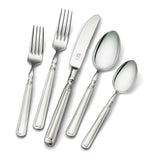 Five-piece stainless steel cutlery set including two forks, a knife, and two spoons, arranged diagonally on a white background. The knife features a visible Zwilling J.
