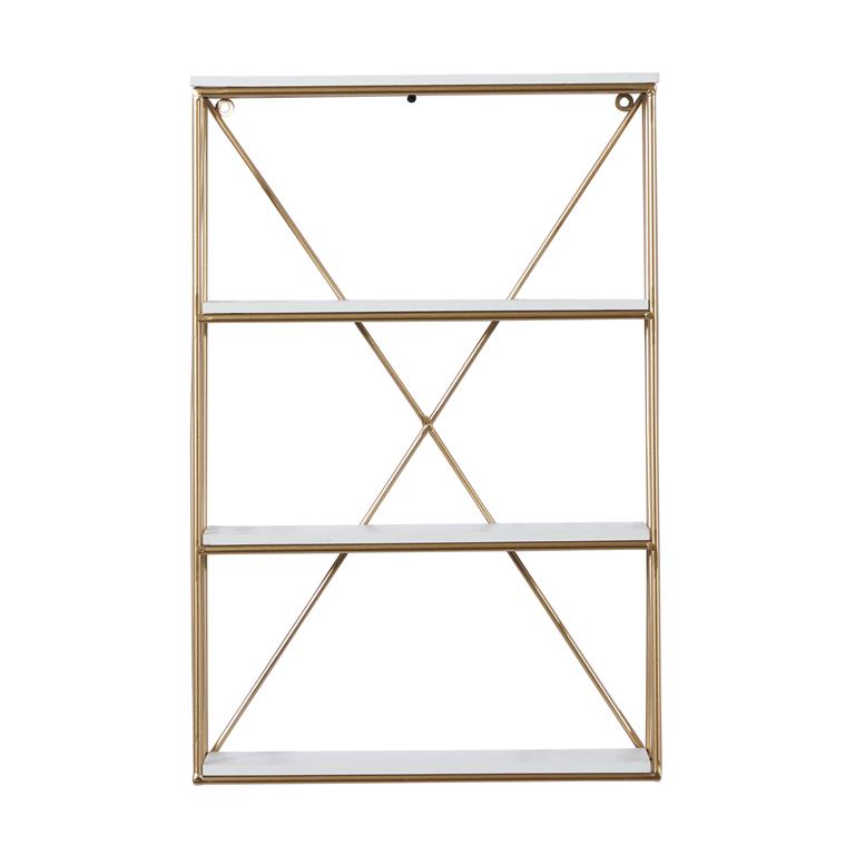 A gold-colored wall-mounted shelving unit with multiple compartments, designed for storage and organization.