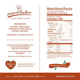 A flat product graphic showing the front of a Nutri Facts nutrition label for 'Nursan's Run' on a warm brown background. The label includes serving size, calories, ingredients list, allergen warnings, and certification badges.
