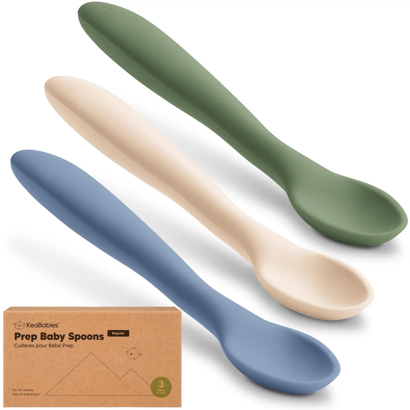 Three baby spoons in green, beige, and blue with a KeaBabies packaging box on a white background.