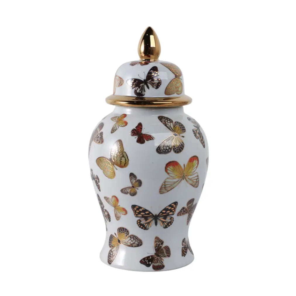 Decorative ceramic jar with butterfly design on a white background