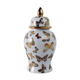 Decorative ceramic jar with butterfly design on a white background