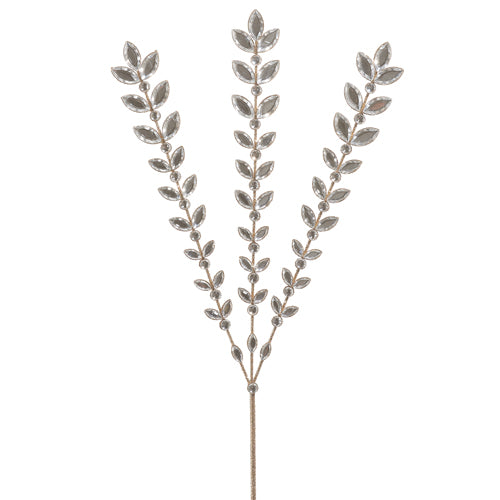 A 23.5-inch tall artificial crystal jeweled spray with gold glitter on a white background, consisting of a single stem with leaf-like branches at the top.