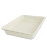 Rectangular white ceramic baking dish on a white background