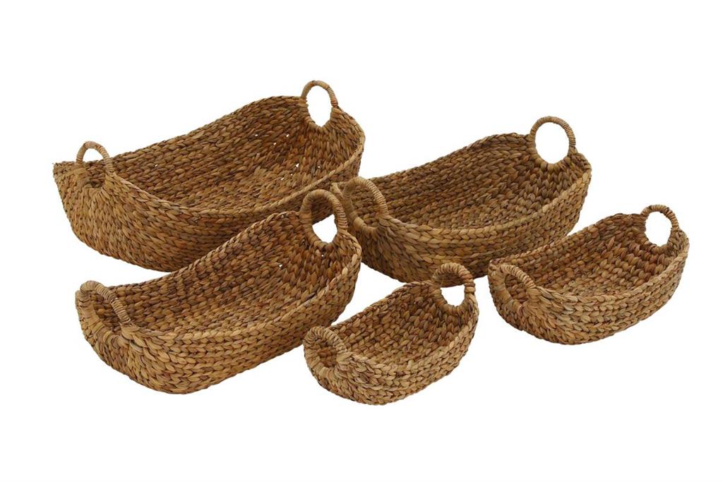 A set of brown wicker baskets with handles, designed for boat storage.